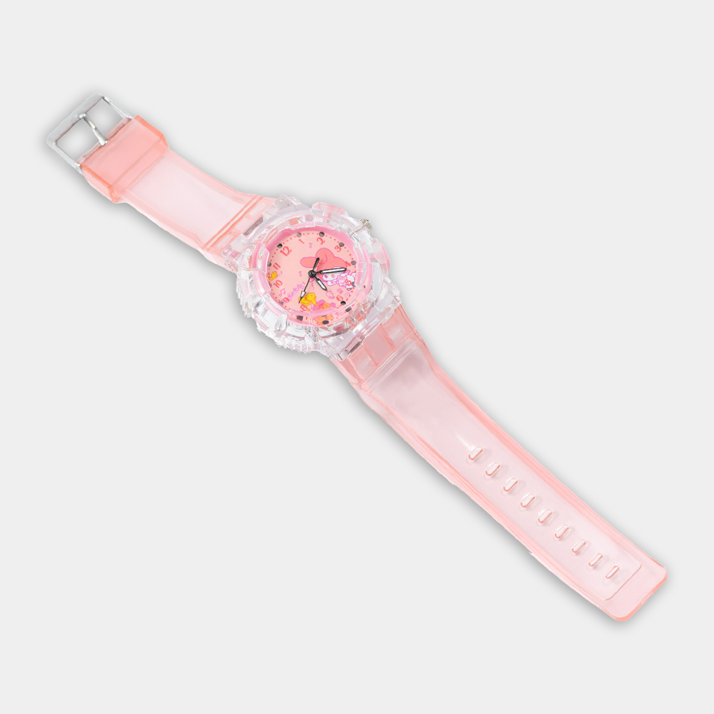 Features: Official My Melody design with vibrant pink color. Soft and adjustable silicone strap for maximum comfort. Durable and lightweight plastic casing, safe for kids. Clear analog display with easy-to-read numbers. Perfect gift for birthdays, holidays, or Sanrio collectors.