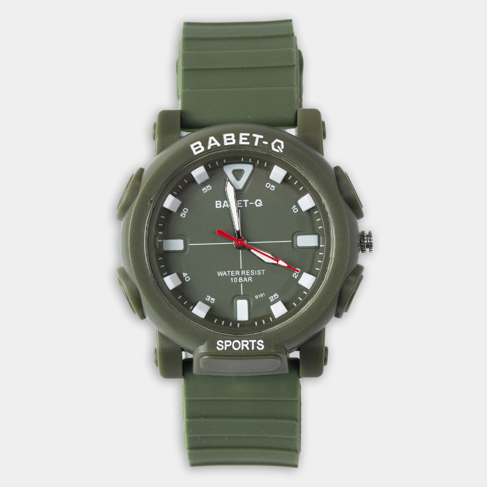 Key Features: Water-Resistant up to 10 Bar: Ideal for swimming, water sports, and outdoor adventures. Durable Silicone Strap: Comfortable and designed for long-lasting wear. Military-Inspired Green Design: Bold and rugged style with easy-to-read white markers and red second hand. Perfect for Sports & Outdoor Enthusiasts: Built for an active, on-the-go lifestyle. Reliable Timekeeping: Precision movement ensures accuracy for all your activities.