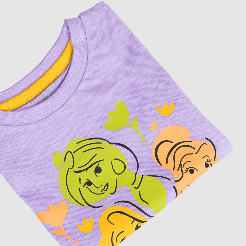 Girls' Lavender T-Shirt with Colorful Princess Print – “Let’s Go Far” Quote – Soft Cotton Tee