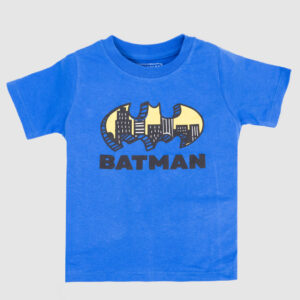 Boys' blue Batman t-shirt with bat symbol and cityscape graphic