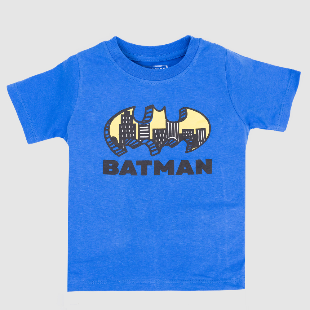 Boys' blue Batman t-shirt with bat symbol and cityscape graphic