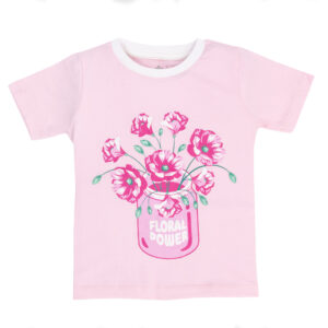 Girls Pink Floral Power Graphic T-Shirt with Flower Jar Print