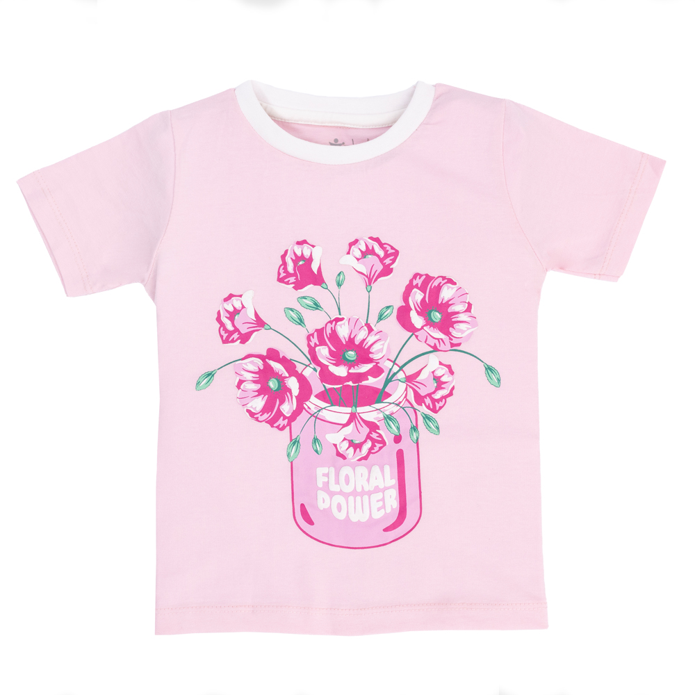 Girls Pink Floral Power Graphic T-Shirt with Flower Jar Print