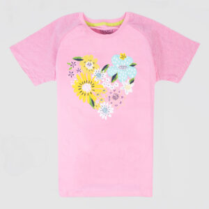 Girls' pink t-shirt with heart-shaped floral graphic and striped sleeves