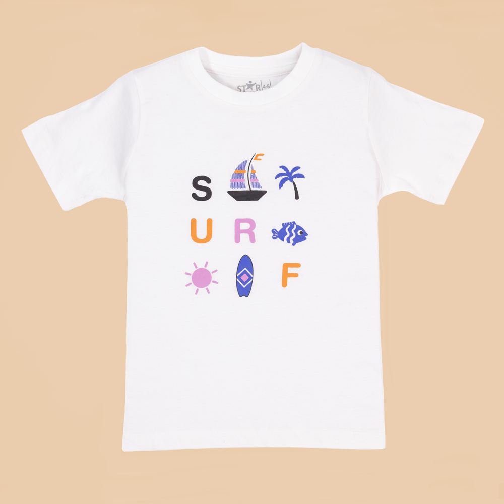 White kids' t-shirt with colorful "SURF" beach-themed graphics
