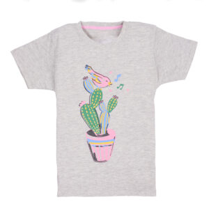 Girls Grey Cactus Melody Graphic T-Shirt with Cactus and Singing Bird Print
