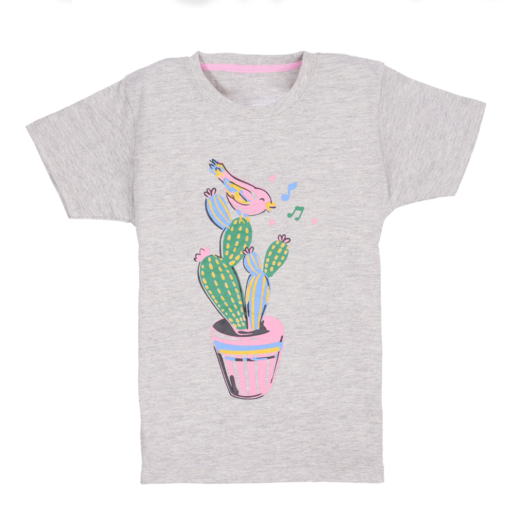 Girls Grey Cactus Melody Graphic T-Shirt with Cactus and Singing Bird Print