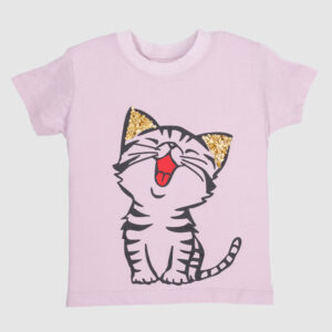 Girls Pink Sparkle Kitty Graphic T-Shirt with Cute Cat Print