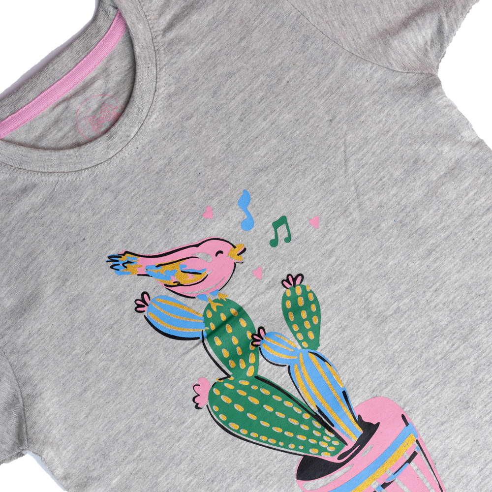 Kids grey t-shirt with cactus and singing bird print